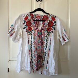 Johnny Was Linen Multicolor Embroidered Blouse